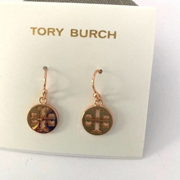 New Tory Burch Rose Gold French Wire Logo Earrings. - Picture 1 of 6